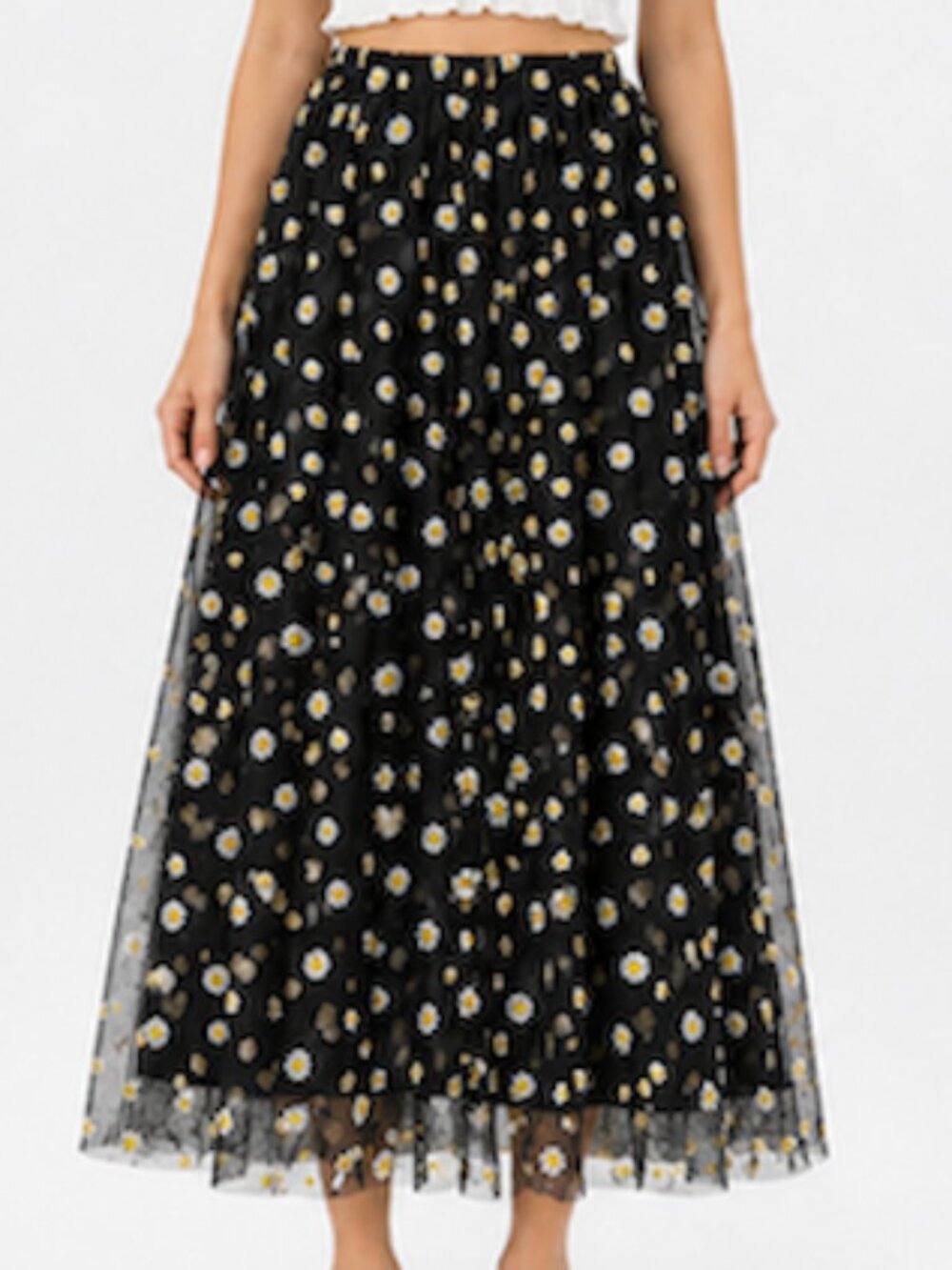 Women’s Sheer Tulle Midi Skirt With  Daisy Print